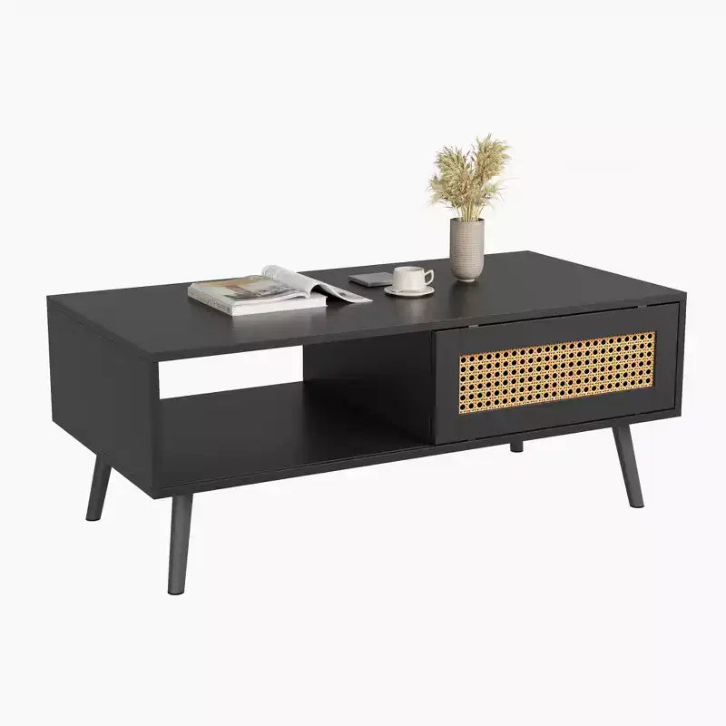 Table Basse Moderne Mid-Century avec Rangement, Tables Basses Rectangulaires de 105 cm en Bois avec Panneau Coulissant en Rotin PE Tressé et Pieds en Bois