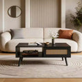 Mid Century Modern Coffee Table with Storage, 41.3 Inch Rectangle Wooden Accent Center Tables with Sliding PE Rattan Woven Door Panel and Wood Legs