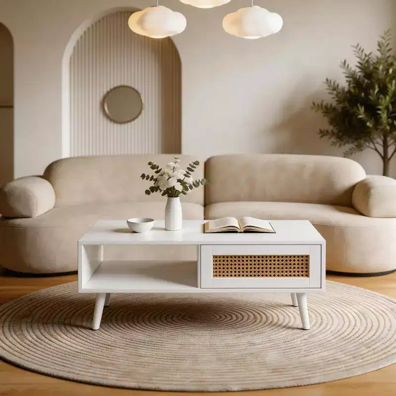 Table Basse Moderne Mid-Century avec Rangement, Tables Basses Rectangulaires de 105 cm en Bois avec Panneau Coulissant en Rotin PE Tressé et Pieds en Bois