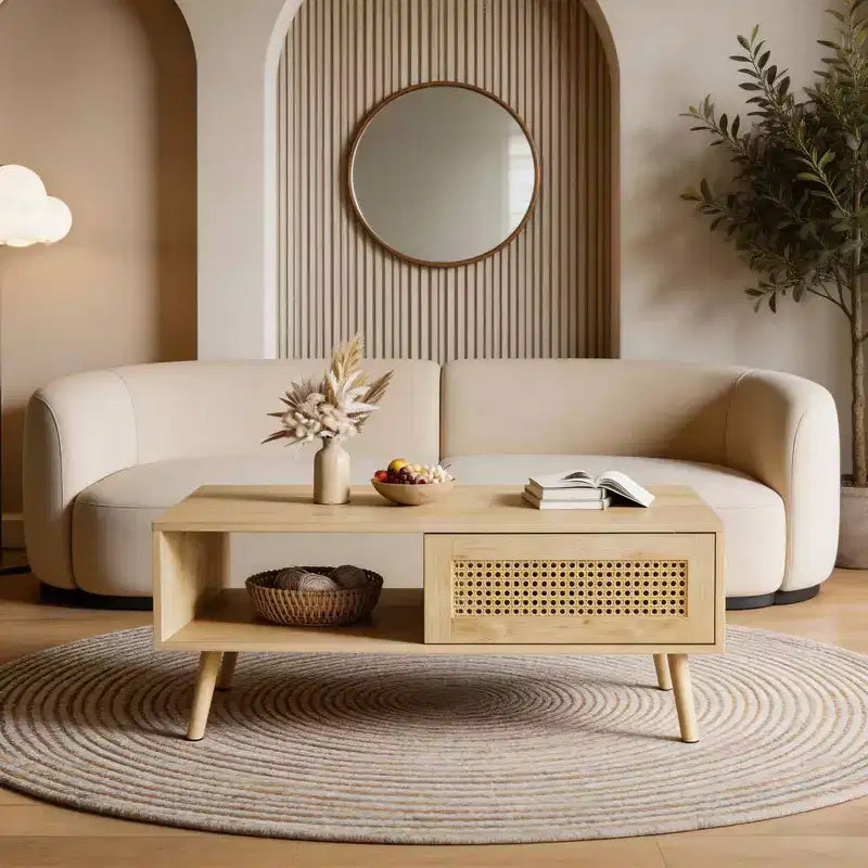 Table Basse Moderne Mid-Century avec Rangement, Tables Basses Rectangulaires de 105 cm en Bois avec Panneau Coulissant en Rotin PE Tressé et Pieds en Bois