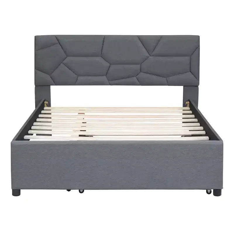 MAYEERTY Full Size Upholstered Platform Bed, Brick Pattern Headboard Twin Trundle Linen Fabric, Bedroom, Gray