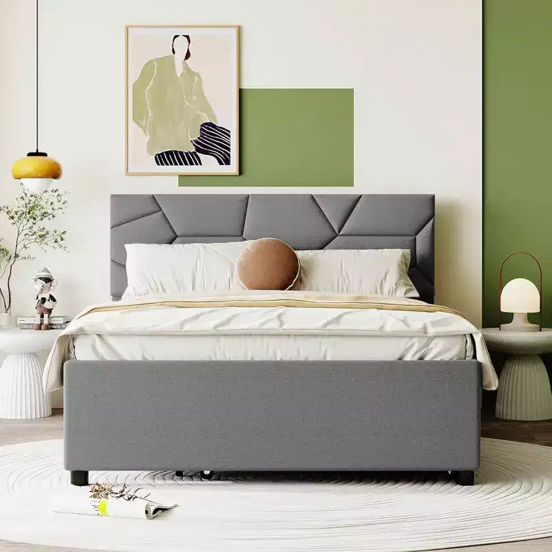 Lit plateforme rembourré MAYEERTY pleine grandeur, tête de lit motif brique, lit gigogne simple en tissu de lin, chambre à coucher, gris
