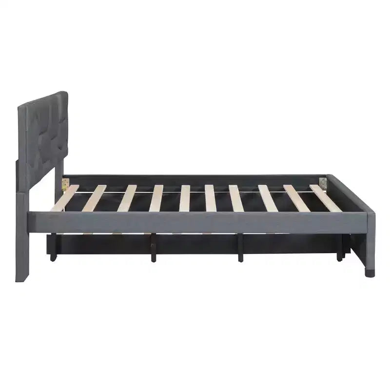 Lit plateforme rembourré MAYEERTY pleine grandeur, tête de lit motif brique, lit gigogne simple en tissu de lin, chambre à coucher, gris