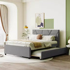 Lit plateforme rembourré MAYEERTY pleine grandeur, tête de lit motif brique, lit gigogne simple en tissu de lin, chambre à coucher, gris