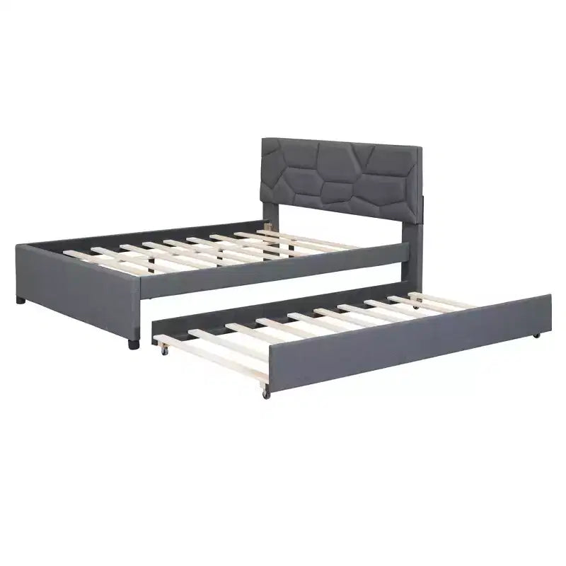 Lit plateforme rembourré MAYEERTY pleine grandeur, tête de lit motif brique, lit gigogne simple en tissu de lin, chambre à coucher, gris