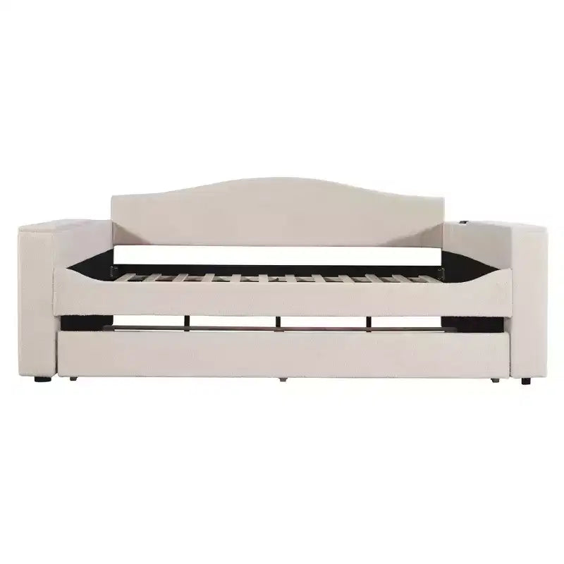 MAYEERTY Full Size Teddy Fleece Upholstered Daybed, Storage Armrests Trundle Bluetooth Audio, Bedroom, Beige