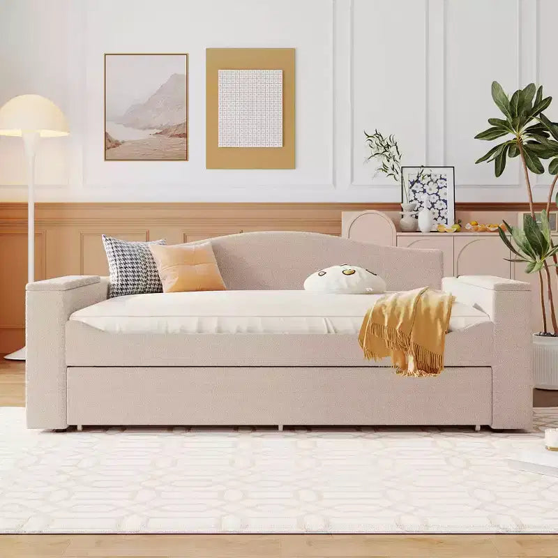MAYEERTY Full Size Teddy Fleece Upholstered Daybed, Storage Armrests Trundle Bluetooth Audio, Bedroom, Beige