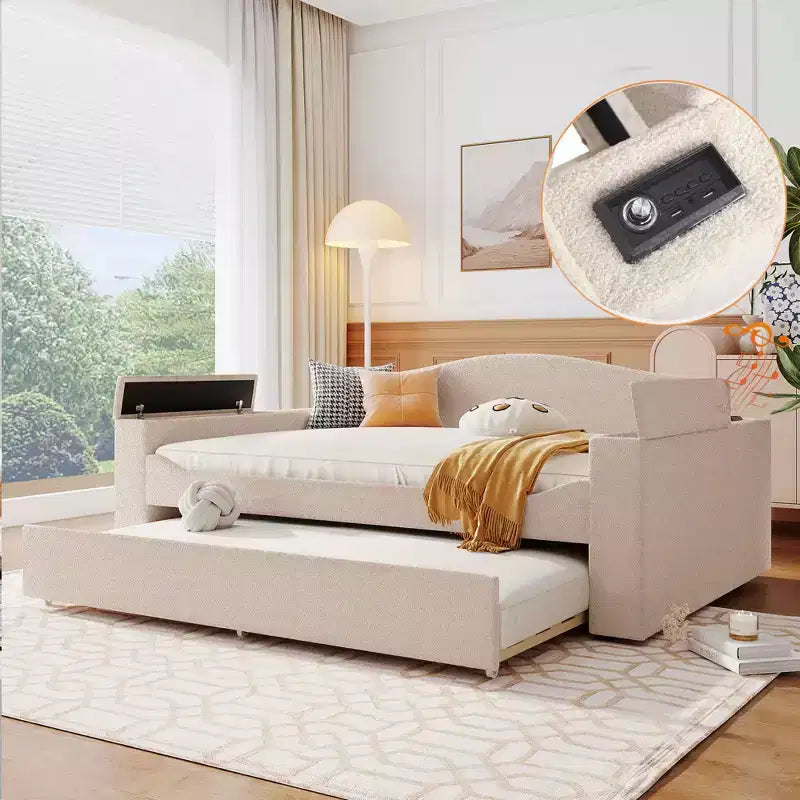 MAYEERTY Full Size Teddy Fleece Upholstered Daybed, Storage Armrests Trundle Bluetooth Audio, Bedroom, Beige