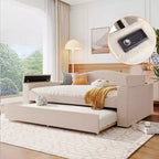 MAYEERTY Full Size Teddy Fleece Upholstered Daybed, Storage Armrests Trundle Bluetooth Audio, Bedroom, Beige
