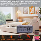 MAYEERTY Full Size Teddy Fleece Upholstered Daybed, Storage Armrests Trundle Bluetooth Audio, Bedroom, Beige