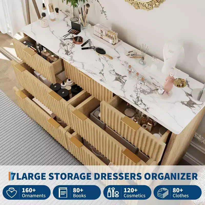 Commode 8 tiroirs cannelée, commode de 137 cm de large, meuble de rangement en bois pour chambre à coucher, salon, design à profil incurvé