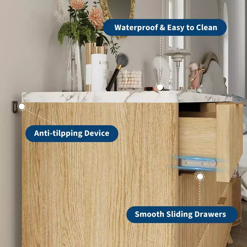 Commode 8 tiroirs cannelée, commode de 137 cm de large, meuble de rangement en bois pour chambre à coucher, salon, design à profil incurvé