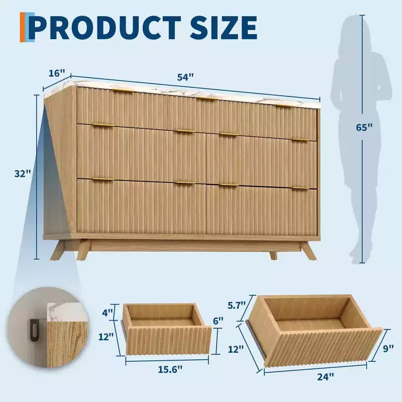 Commode 8 tiroirs cannelée, commode de 137 cm de large, meuble de rangement en bois pour chambre à coucher, salon, design à profil incurvé