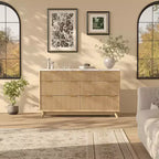 Commode 8 tiroirs cannelée, commode de 137 cm de large, meuble de rangement en bois pour chambre à coucher, salon, design à profil incurvé