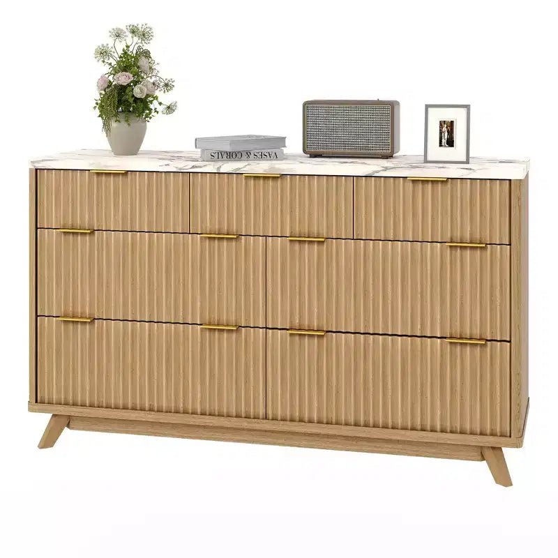 Commode 8 tiroirs cannelée, commode de 137 cm de large, meuble de rangement en bois pour chambre à coucher, salon, design à profil incurvé