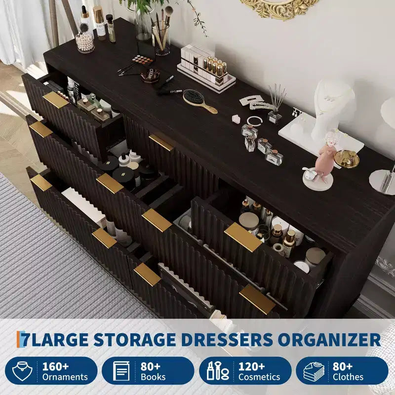 Commode 8 tiroirs cannelée, commode de 137 cm de large, meuble de rangement en bois pour chambre à coucher, salon, design à profil incurvé