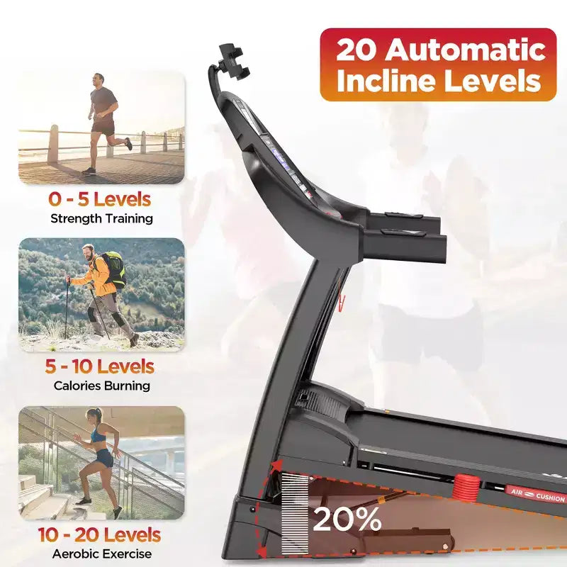 20% Auto Incline Folding Treadmill for Home, 5HP Quiet Motor, 400LB, Compact Walking Running Machine with App Control, 71 Programs & Bluetooth