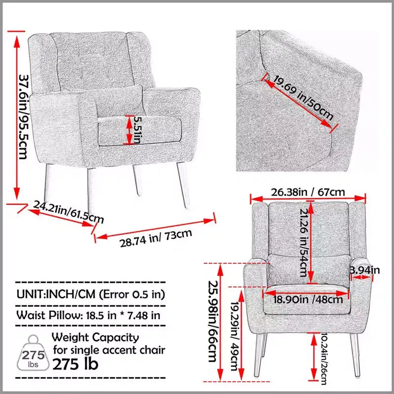 Fauteuil d'appoint moderne de 95,5 cm, fauteuil de lecture rembourré en mousse avec coussin et dossier haut, fauteuil de salon capitonné en tissu chenille