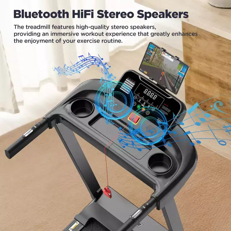 3.75HP Folding Treadmill with 300lbs Capacity, 71 Programs Treadmill for Home with Incline, Intelligent APP control, Bluetooth & HiFi Stereo Speakers