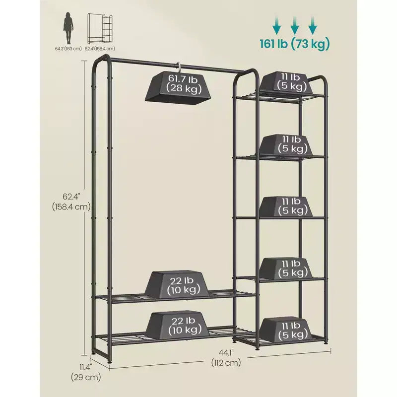 Armoire-penderie, Portant à vêtements portable de 112 cm avec 7 étagères et une barre de suspension, Cadre en acier robuste pour chambre à coucher, Noir