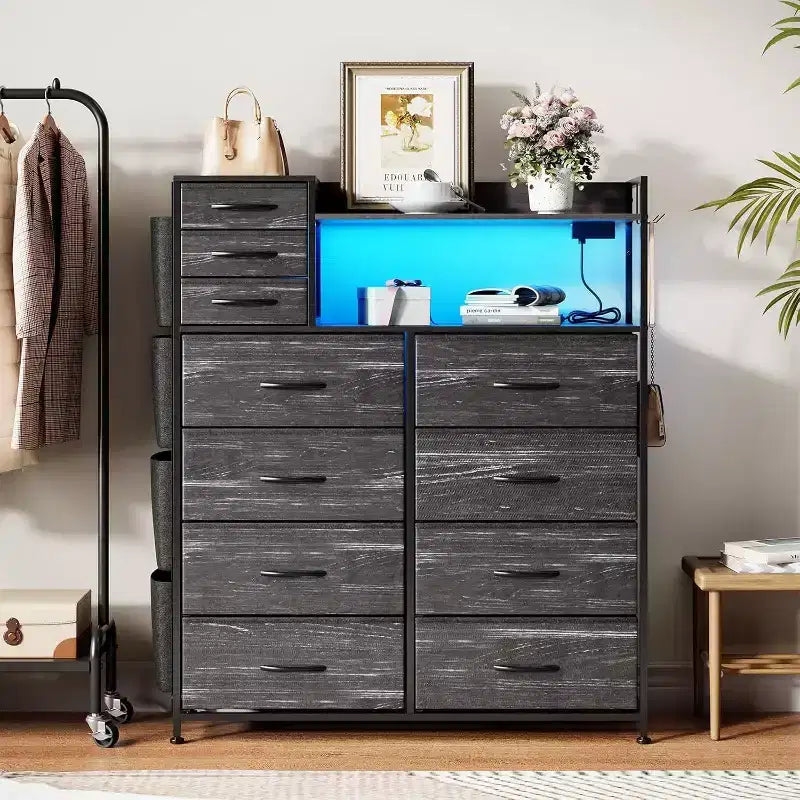 Acekool 8+3 Drawer Dresser with Fabric Drawers, Shelves, Pockets & Hooks, Closet Storage Organizer