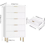 Commode Acekool 5 tiroirs, chiffonnier haut et moderne avec panneaux cannelés et larges poignées dorées, meuble de rangement pour chambre, dressing, salon, entrée