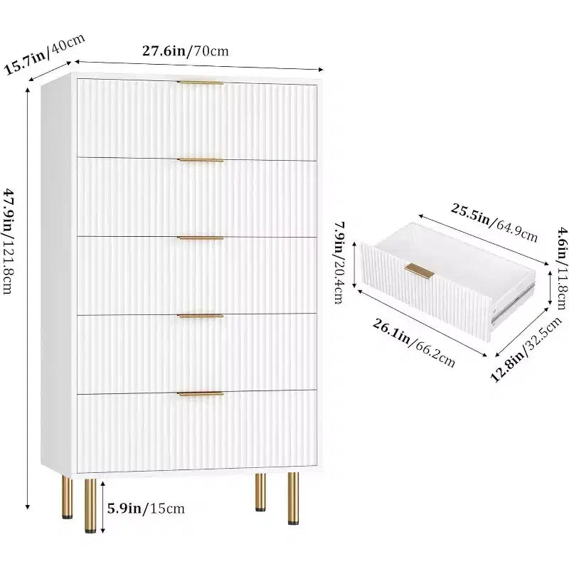 Commode Acekool 5 tiroirs, chiffonnier haut et moderne avec panneaux cannelés et larges poignées dorées, meuble de rangement pour chambre, dressing, salon, entrée