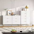 Commode Acekool 5 tiroirs, chiffonnier haut et moderne avec panneaux cannelés et larges poignées dorées, meuble de rangement pour chambre, dressing, salon, entrée