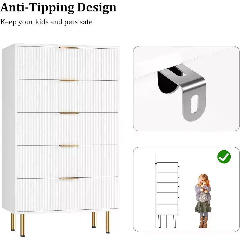 Commode Acekool 5 tiroirs, chiffonnier haut et moderne avec panneaux cannelés et larges poignées dorées, meuble de rangement pour chambre, dressing, salon, entrée