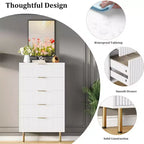 Commode Acekool 5 tiroirs, chiffonnier haut et moderne avec panneaux cannelés et larges poignées dorées, meuble de rangement pour chambre, dressing, salon, entrée