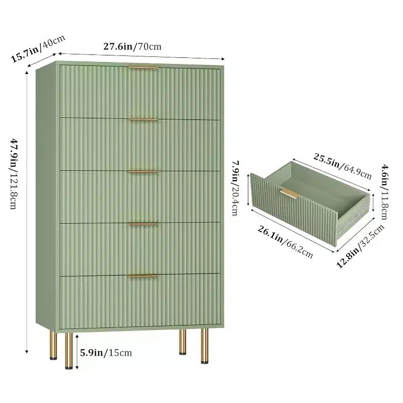 Commode Acekool 5 tiroirs, chiffonnier haut et moderne avec panneaux cannelés et larges poignées dorées, meuble de rangement pour chambre, dressing, salon, entrée