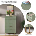 Commode Acekool 5 tiroirs, chiffonnier haut et moderne avec panneaux cannelés et larges poignées dorées, meuble de rangement pour chambre, dressing, salon, entrée