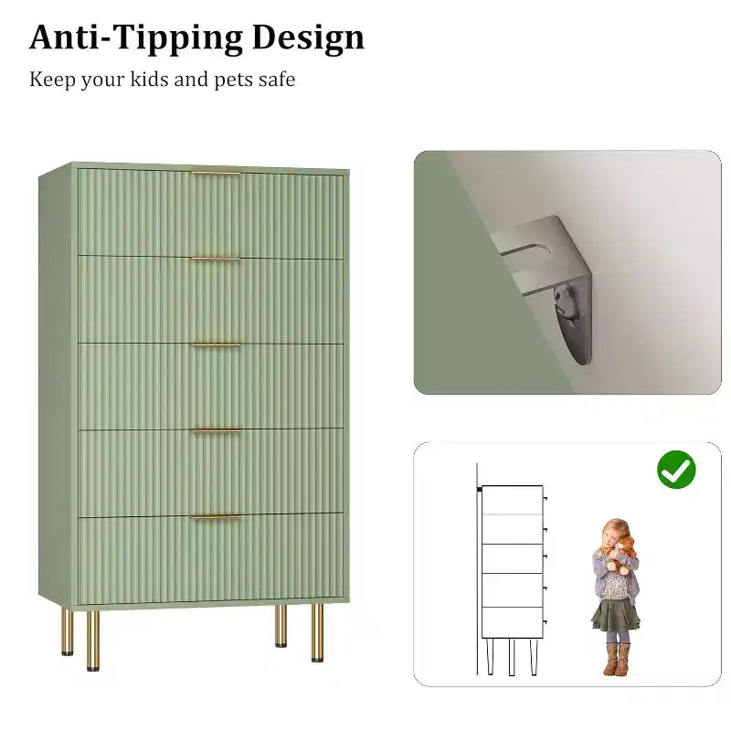 Commode Acekool 5 tiroirs, chiffonnier haut et moderne avec panneaux cannelés et larges poignées dorées, meuble de rangement pour chambre, dressing, salon, entrée
