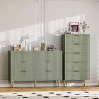 Commode Acekool 5 tiroirs, chiffonnier haut et moderne avec panneaux cannelés et larges poignées dorées, meuble de rangement pour chambre, dressing, salon, entrée