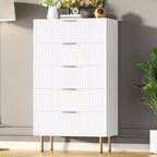 Commode Acekool 5 tiroirs, chiffonnier haut et moderne avec panneaux cannelés et larges poignées dorées, meuble de rangement pour chambre, dressing, salon, entrée