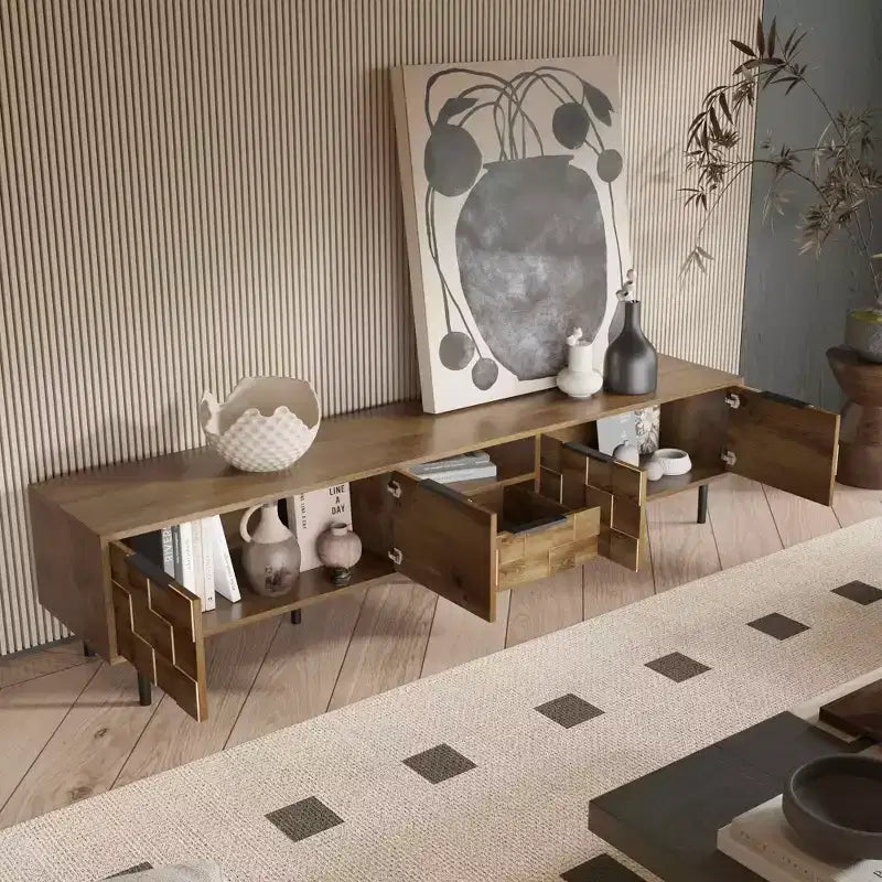 Meuble TV MAYEERTY pour salon, meuble TV et centre de divertissement en bois avec rangement
