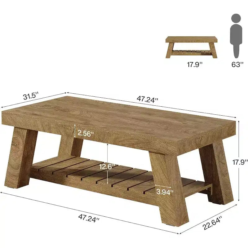Table basse Lantine 47.24 en bois, tables centrales rectangulaires à 2 niveaux de style ferme pour salon, appartement, maison