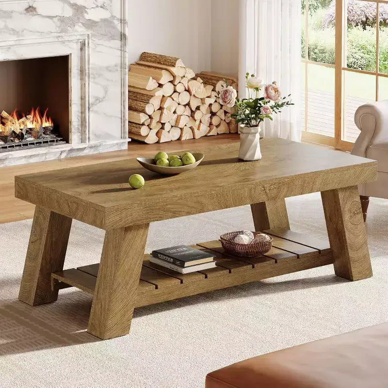 Table basse Lantine 47.24 en bois, tables centrales rectangulaires à 2 niveaux de style ferme pour salon, appartement, maison