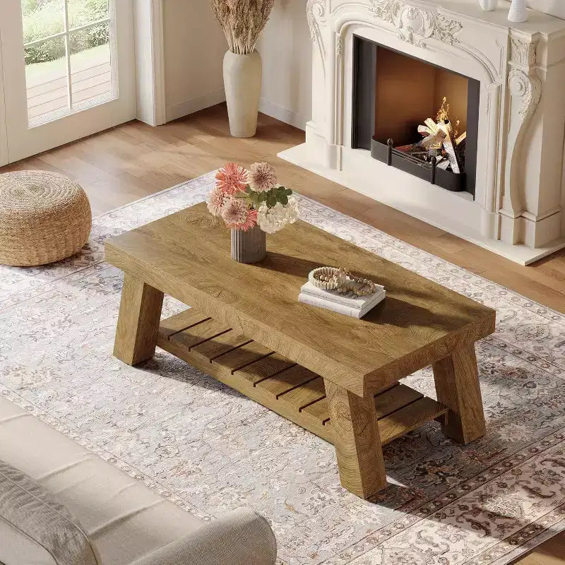 Table basse Lantine 47.24 en bois, tables centrales rectangulaires à 2 niveaux de style ferme pour salon, appartement, maison