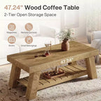 Table basse Lantine 47.24 en bois, tables centrales rectangulaires à 2 niveaux de style ferme pour salon, appartement, maison