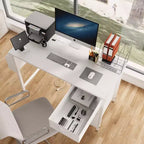 47'' Office Desk, Computer Desk with Hutch & Storage Drawers, Power Outlets, Side Pockets, Modern Reversible Study Writing Desk Workstation White