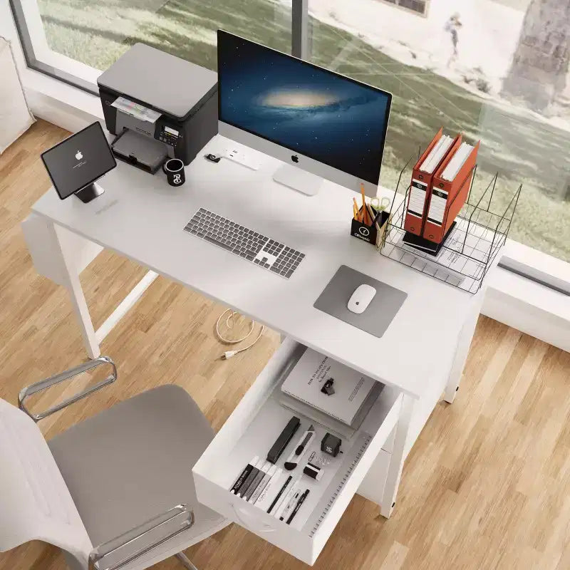 47'' Office Desk, Computer Desk with Hutch & Storage Drawers, Power Outlets, Side Pockets, Modern Reversible Study Writing Desk Workstation White