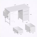 Bureau de 119 cm, avec huche et tiroirs de rangement, prises de courant, poches latérales, poste de travail moderne et réversible, blanc