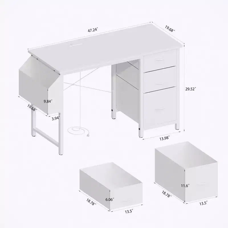 Bureau de 119 cm, avec huche et tiroirs de rangement, prises de courant, poches latérales, poste de travail moderne et réversible, blanc