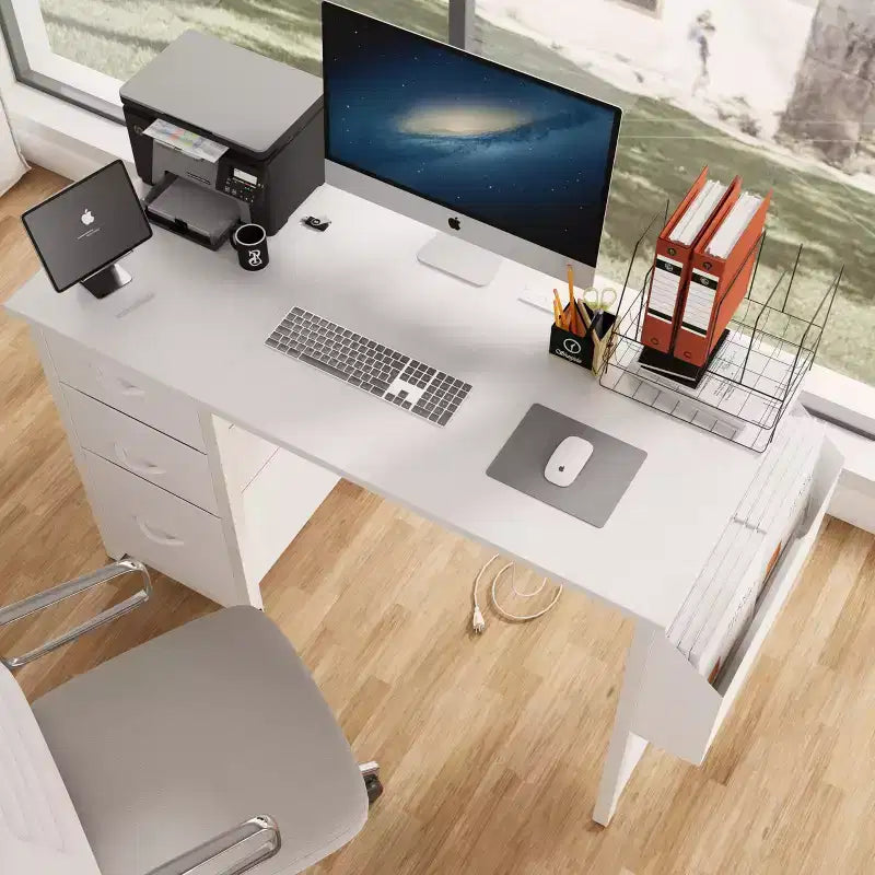 Bureau de 119 cm, avec huche et tiroirs de rangement, prises de courant, poches latérales, poste de travail moderne et réversible, blanc