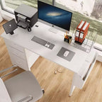 Bureau de 119 cm, avec huche et tiroirs de rangement, prises de courant, poches latérales, poste de travail moderne et réversible, blanc