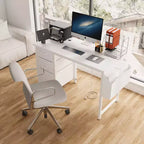 Bureau de 119 cm, avec huche et tiroirs de rangement, prises de courant, poches latérales, poste de travail moderne et réversible, blanc