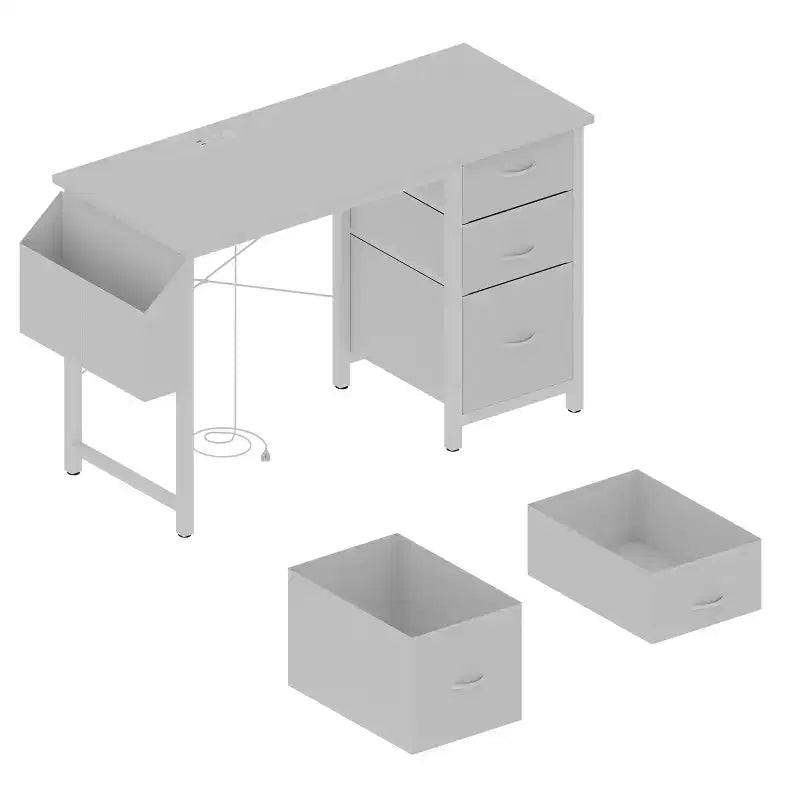 Bureau de 119 cm, avec huche et tiroirs de rangement, prises de courant, poches latérales, poste de travail moderne et réversible, blanc