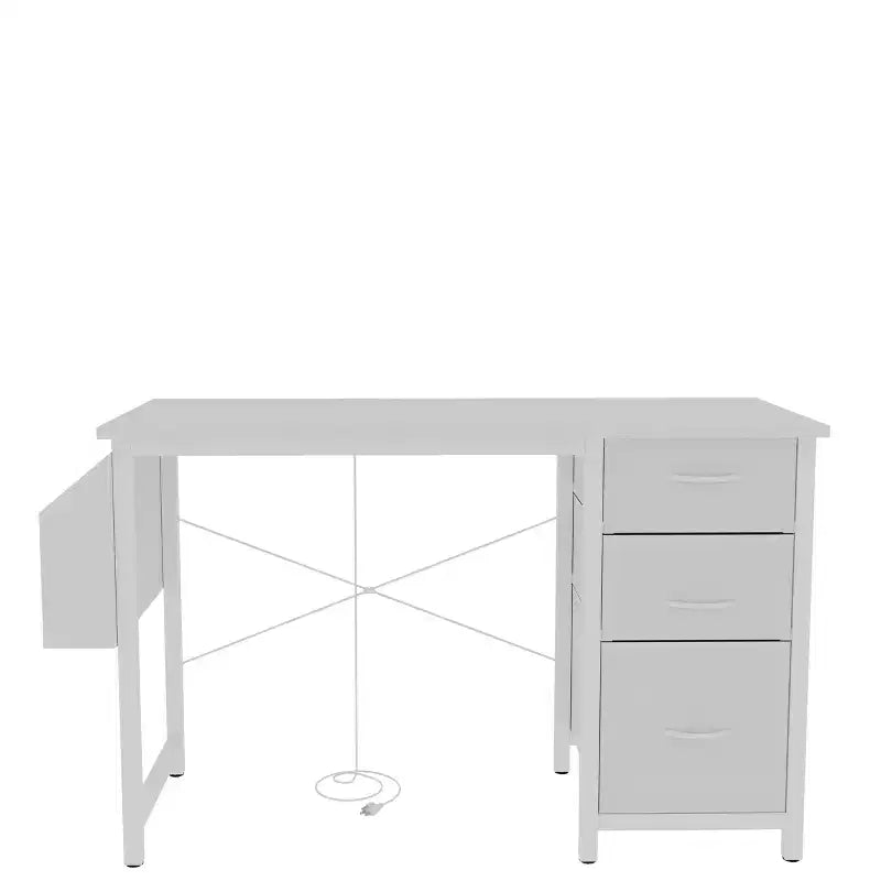 Bureau de 119 cm, avec huche et tiroirs de rangement, prises de courant, poches latérales, poste de travail moderne et réversible, blanc