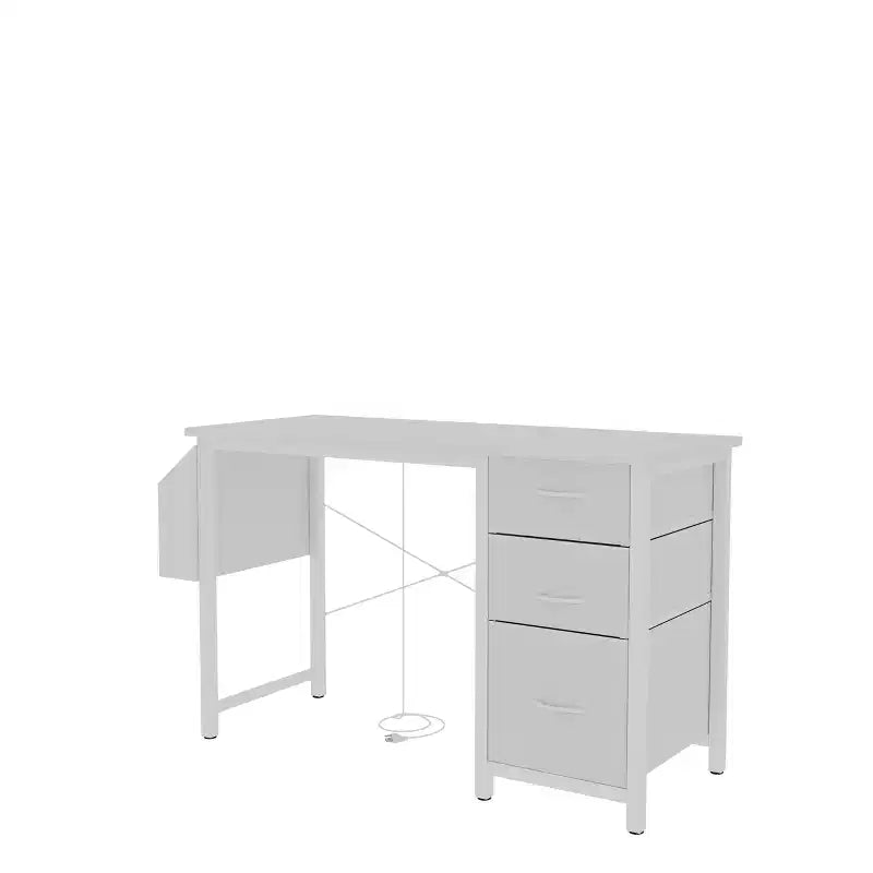 Bureau de 119 cm, avec huche et tiroirs de rangement, prises de courant, poches latérales, poste de travail moderne et réversible, blanc